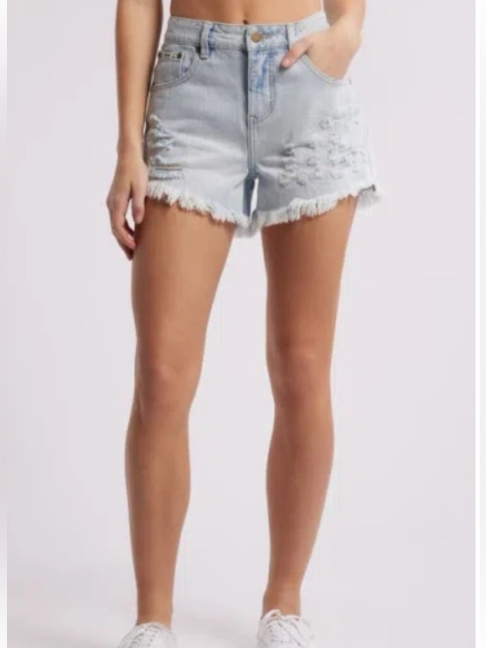 Rip Curl Light Blue Distressed High-Waist Denim Shorts, Size 30